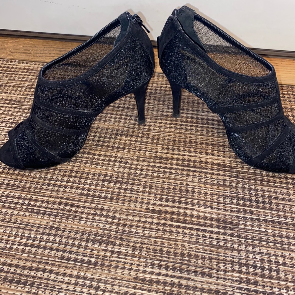 Black open toed heels with mesh
